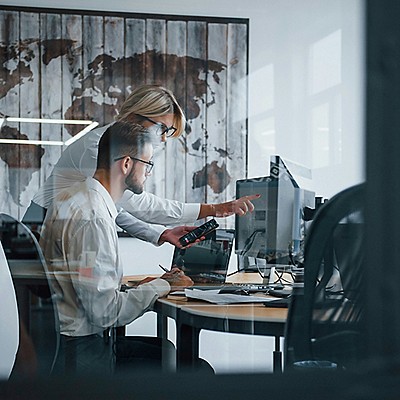 Two professionals focused on a computer screen in an office environment.