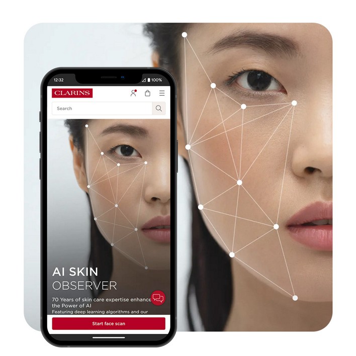 Clarins AI Skin Observer app interface showing facial analysis technology with geometric mapping points overlaid on user's face