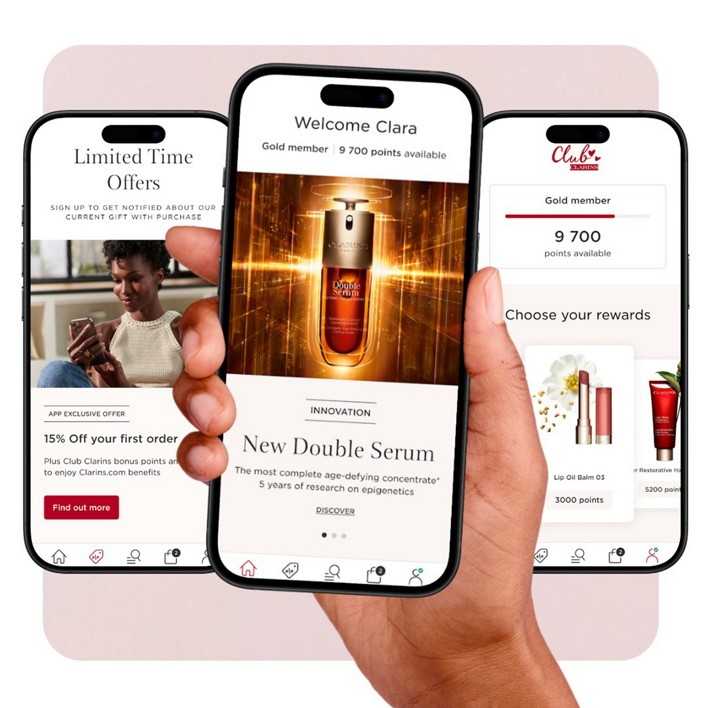 Clarins mobile app ecosystem showing personalized user journey with limited-time offers, product launches, and loyalty rewards program across three phone screens