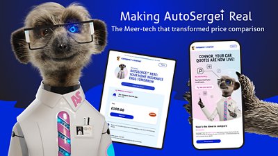 AutoSergei, a robotic meerkat mascot in a white lab coat, promoting Compare the Market's AI-powered price comparison service, with screenshots of personalized home and car insurance emails on a tablet and smartphone.
