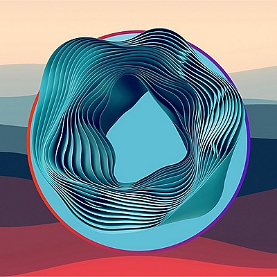 Abstract design featuring a circular shape in vibrant blue and red hues, creating a dynamic visual effect