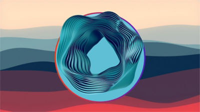 Abstract design featuring a circular shape in vibrant blue and red hues, creating a dynamic visual effect