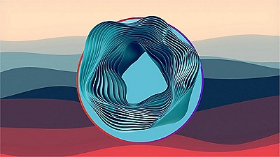 Abstract design featuring a circular shape in vibrant blue and red hues, creating a dynamic visual effect