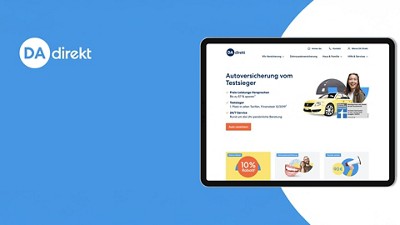 Tablet displaying DA direkt insurance website with car insurance ad, icons for discounts, and services