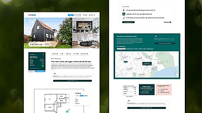 The image shows a real estate website interface featuring a modern house listing. 