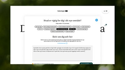 A web interface displays an online questionnaire asking what is important in a new area. The central white dialog box contains multiple selectable tags and a text field for writing about oneself. 