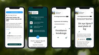 The image shows four smartphone screens displaying a real estate presentation application in Danish. 