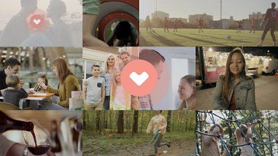  A collage of people engaging in sports, dining, and outdoor activities, with a central heart icon.