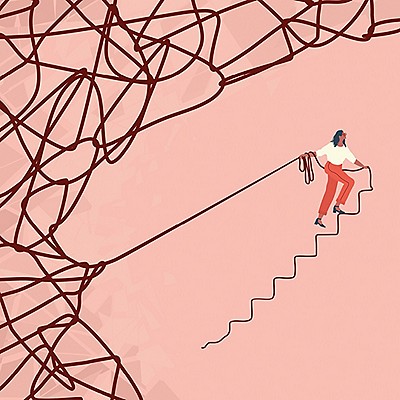 A man climbs a ladder while holding a rope, focused on his ascent.