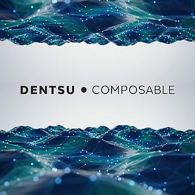 Text "DENTSU.COMPOSABLE" centered over a background of abstract blue and green network lines with glowing connection points.