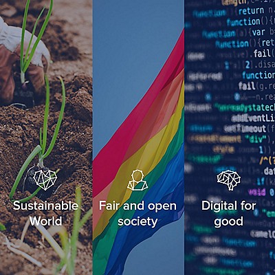 an image divided on 3 images: growing plants, flag and some web code