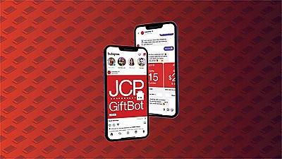 Red Background Image with 2 mobiles with the logo JCP