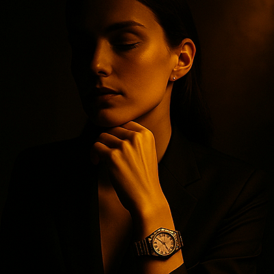 woman with closed eyes touching her chin and having luxury watch on her wrist
