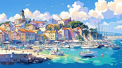 Paint-style image of a European coastal town