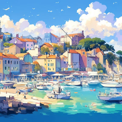 Paint-style image of a European coastal town