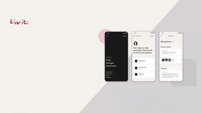 three mobile devices one next to another on grey background, showing my livit app