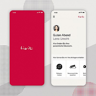 A smartphone displays the Livit app interface with a welcome message and options for reporting damage and ordering services.