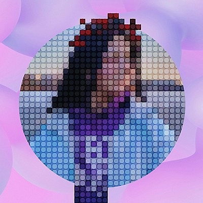 A pixelated image depicting a woman wearing a scarf, showcasing a blend of colors and abstract shapes.