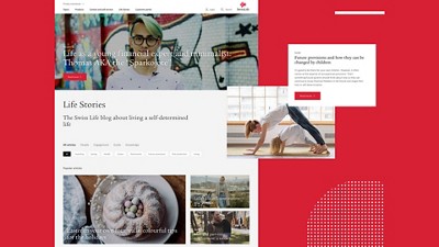 image showing swiss life site, some photos and text, red background on the right