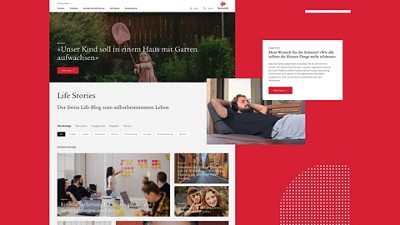 image showisng swiss life site, a girl playing in the garden, man resting on the couch, people working and some text in the middle