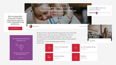 image showing swiss life website, some images with text, a girl child hugging her mother