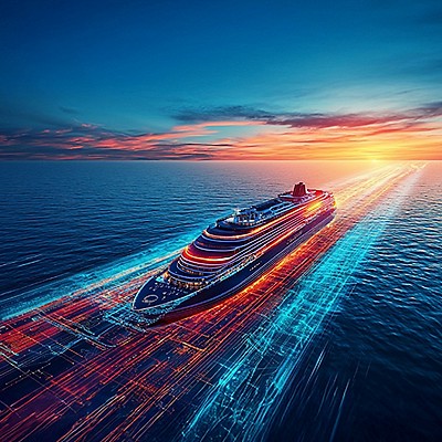 A futuristic cruise ship sails through glowing blue and red light trails against a vibrant sunset over calm ocean waters.